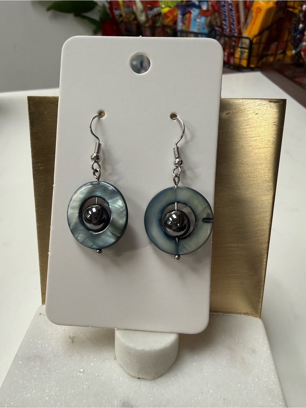 Blue Shell Drop Earrings with Hematite Accent